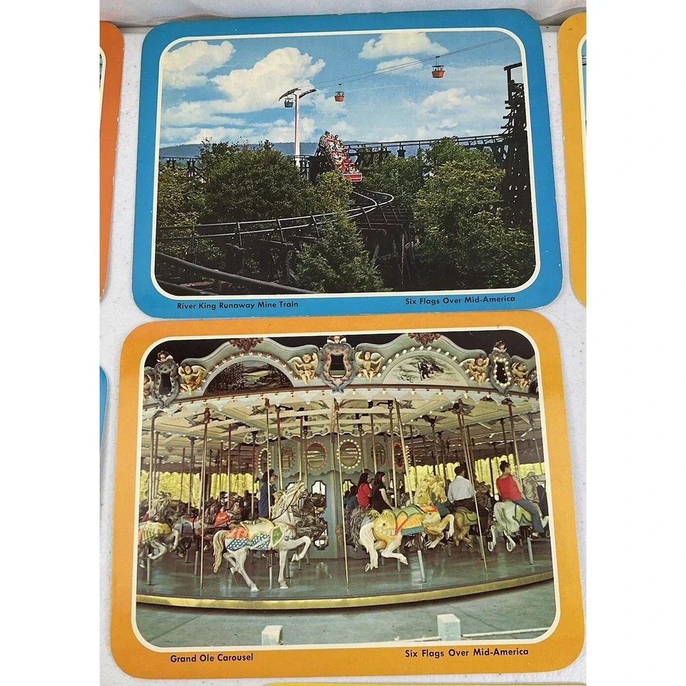 Lot Of 8 Vintage Six Flags Of Mid America Postcards With Six Flags Bag